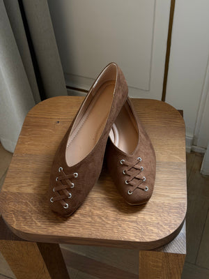 Kira Tie Ballerina - Faux Suede Cognac Brown