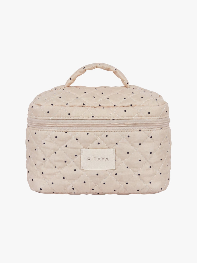 Large Makeup Bag - Beige/Black Dots